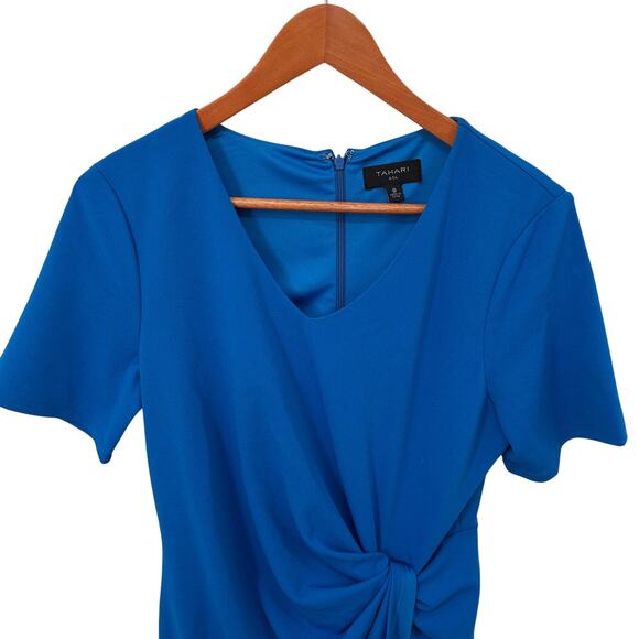 TAHARI ASL Blue Stretch Crepe Side Knot Short Sleeve Knee-Length Dress // 8 - Picture 2 of 12